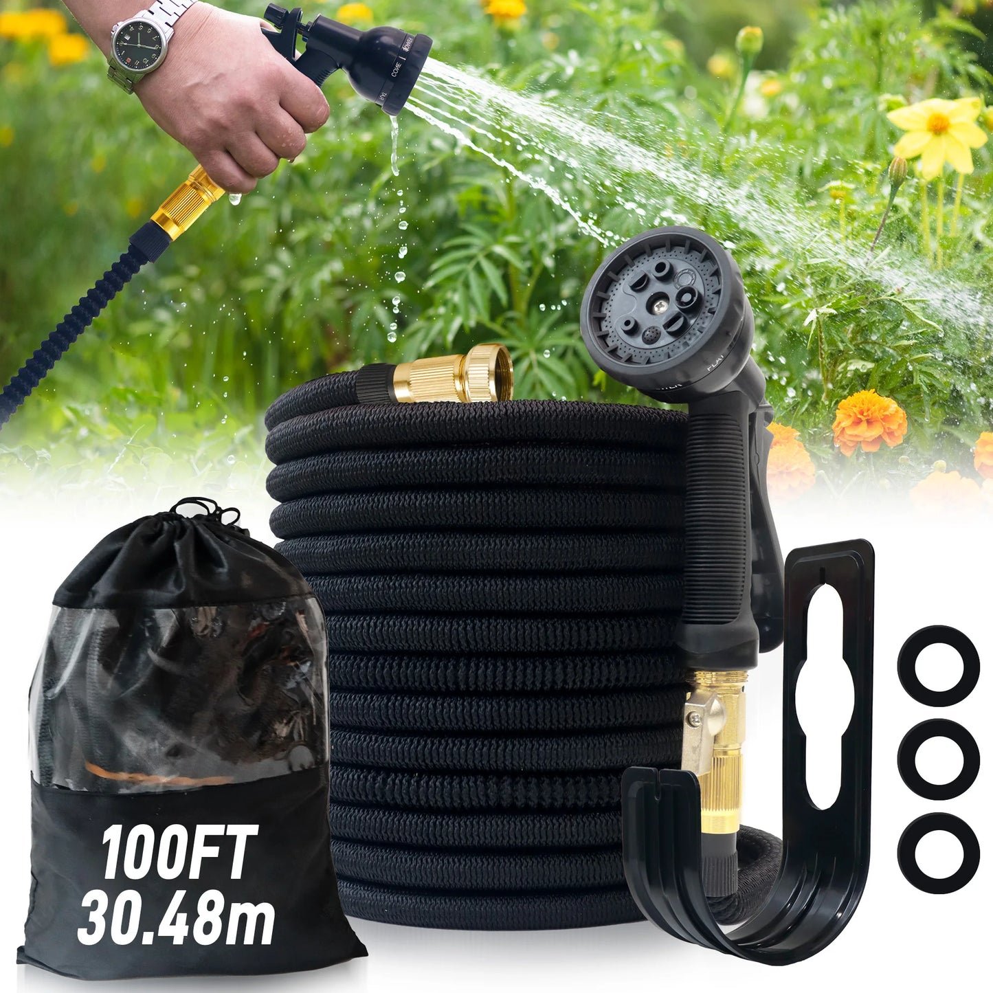 100ft Expandable Garden Hose With Nozzle Lightweight Durable