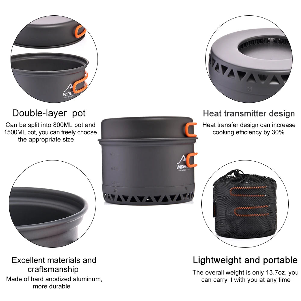 Widesea Camping Cookware Set 1.3L 2.3L Outdoor Cooking Pot Kettle Travel Tableware Utensil Equipment