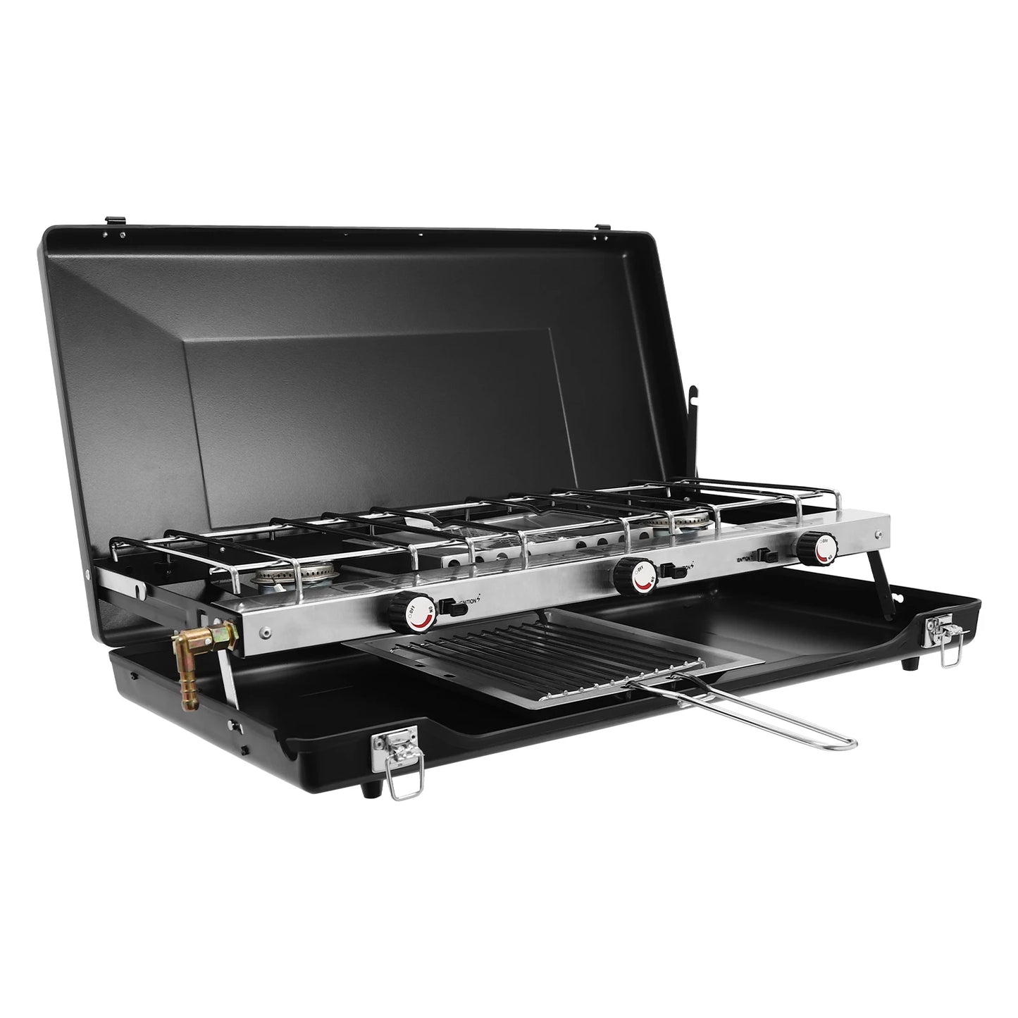 Portable 3 Burner Camping Stove With Griddle And Windshield