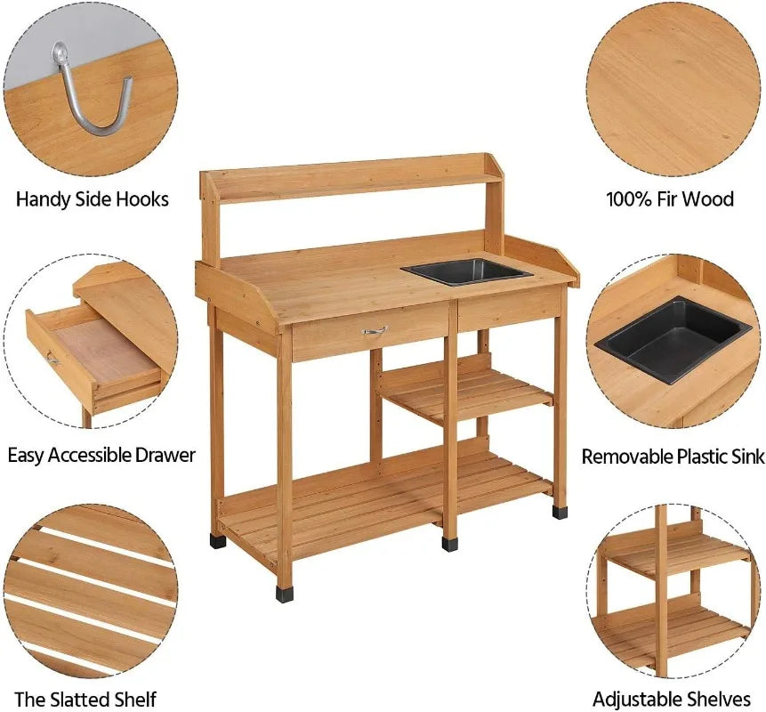 Potting Bench Outdoor Garden Work Station Solid Wood Construction with Sink Drawer and Shelves for Horticulture