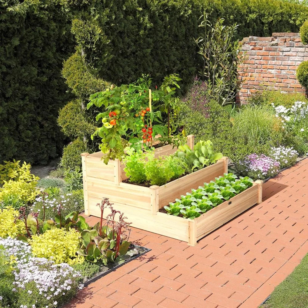 S AFSTAR 3 Tier Raised Garden Bed Wood Elevated Planter Box with 3 Dividable Bed Kit Outdoor Above Ground Garden Beds for Plants