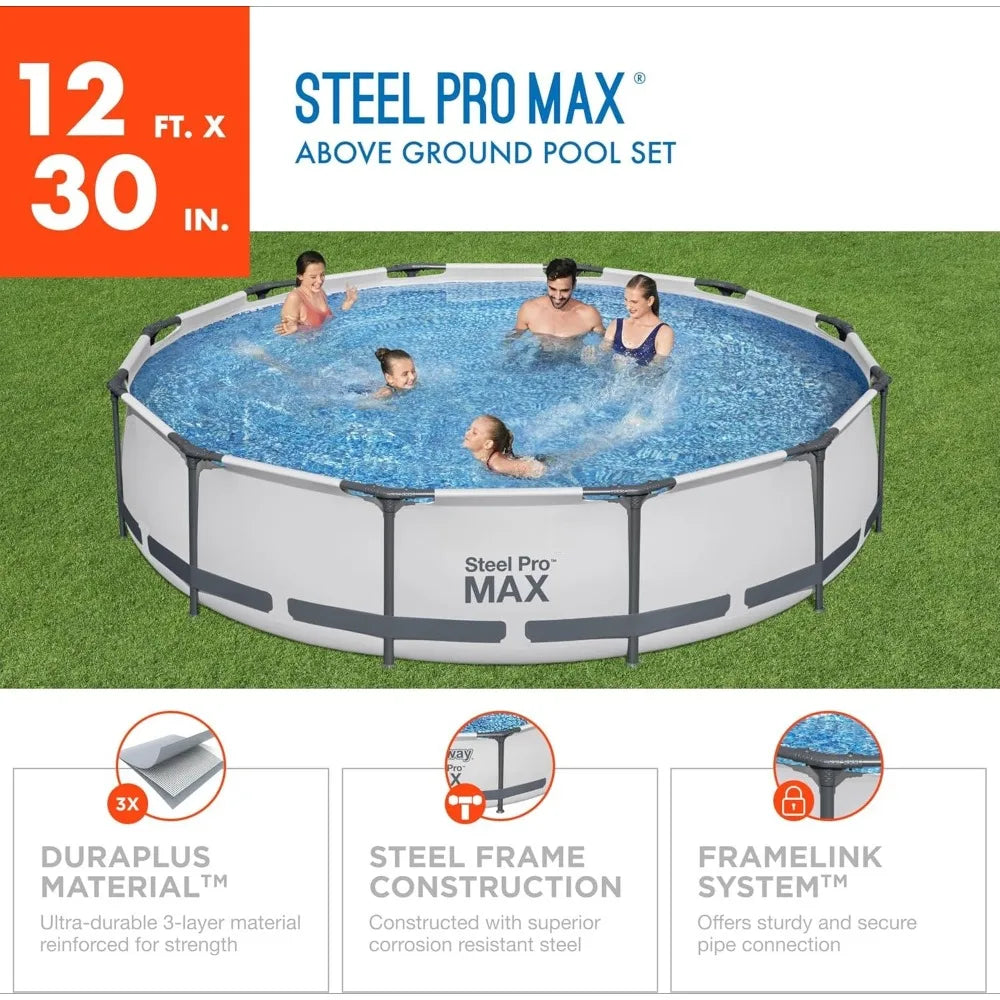 Steel Pro MAX 12 Foot x 30 Inch Round Metal Frame Above Ground Swimming Pool Set with 330 GPH Filter Pump