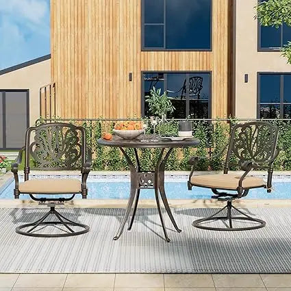 3 Piece Patio Dining Table Set for 2 Cast Aluminum Outdoor Furniture 31 Inch Round Table with Umbrella Hole and 2 Swivel Chairs