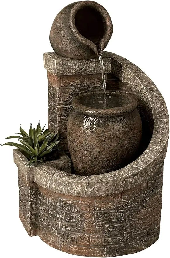 Verona Rustic Outdoor Floor Cascading Water Fountain 35 Inch High with LED Light Planter Box for Garden Patio Backyard Deck Home Lawn