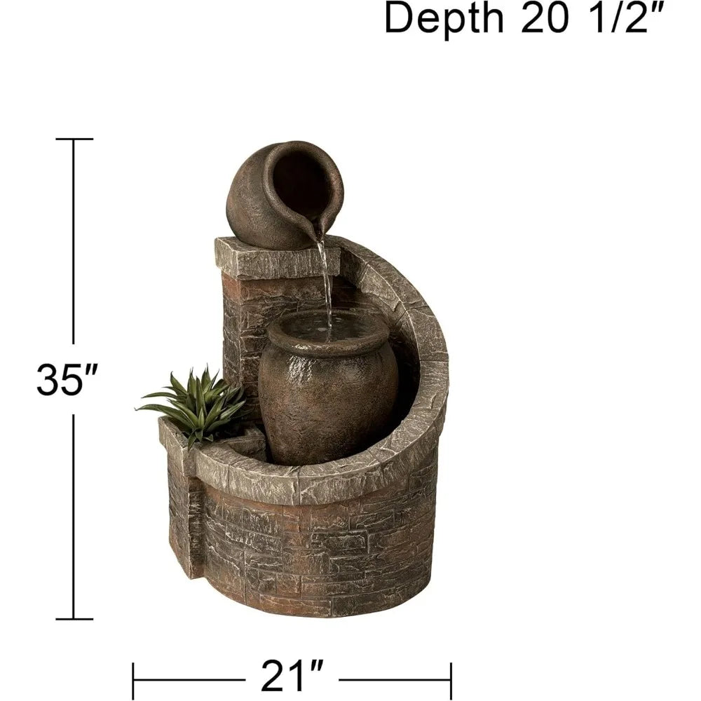 Verona Rustic Outdoor Floor Cascading Water Fountain 35 Inch High with LED Light Planter Box for Garden Patio Backyard Deck Home Lawn