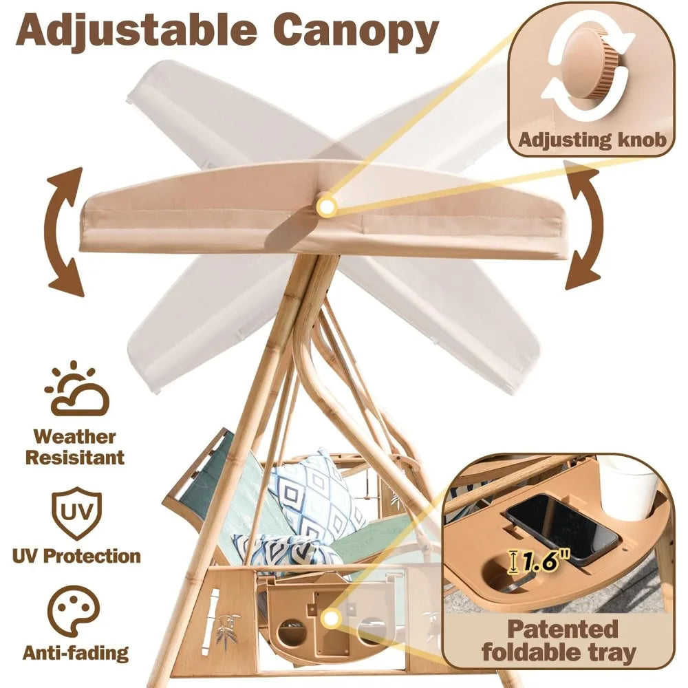 3 Person Patio Swing Outdoor Swing for Adults with Adjustable Canopy and Upgraded Cup Holders Textilene Fabric Porch Swing Chair