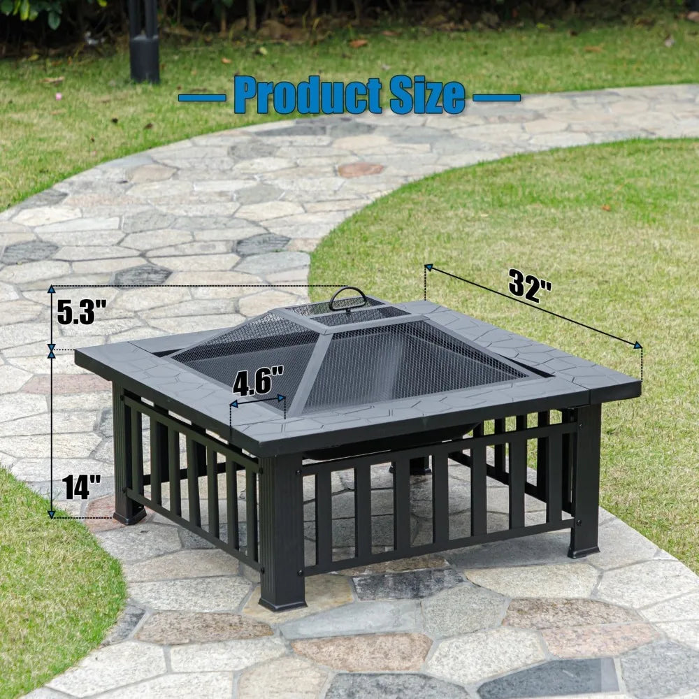 32 Inch Square Metal Fire Pit Table Outdoor Patio Heater For Backyard Garden Camping And Outdoor Heating
