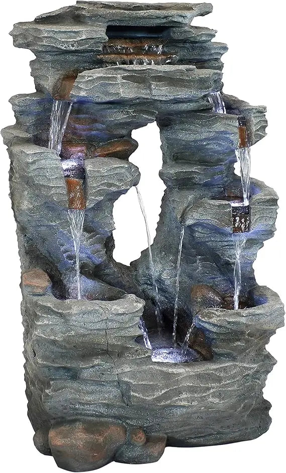 Dual Cascading Rock Falls 39 Inch Outdoor Water Fountain with LED Lights Electric Submersible Pump