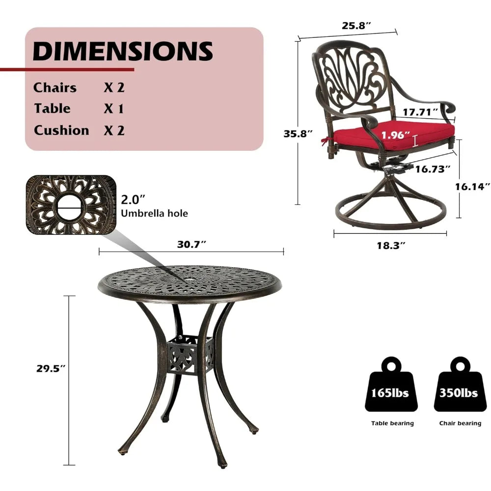 3 Piece Patio Dining Table Set for 2 Cast Aluminum Outdoor Furniture 31 Inch Round Table with Umbrella Hole and 2 Swivel Chairs