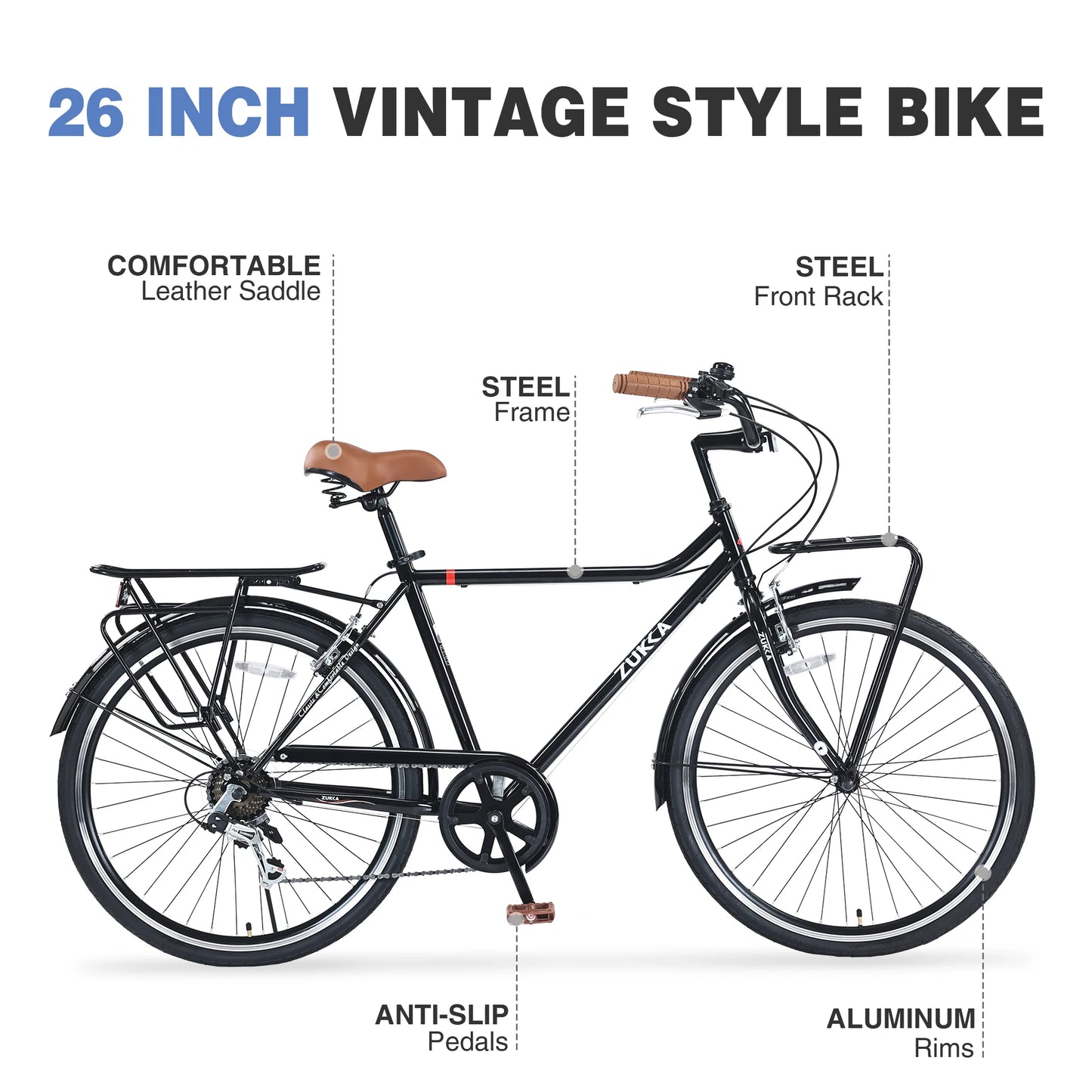 ZUKKA Beach Cruiser Bike 26 Inch Vintage City Bicycle