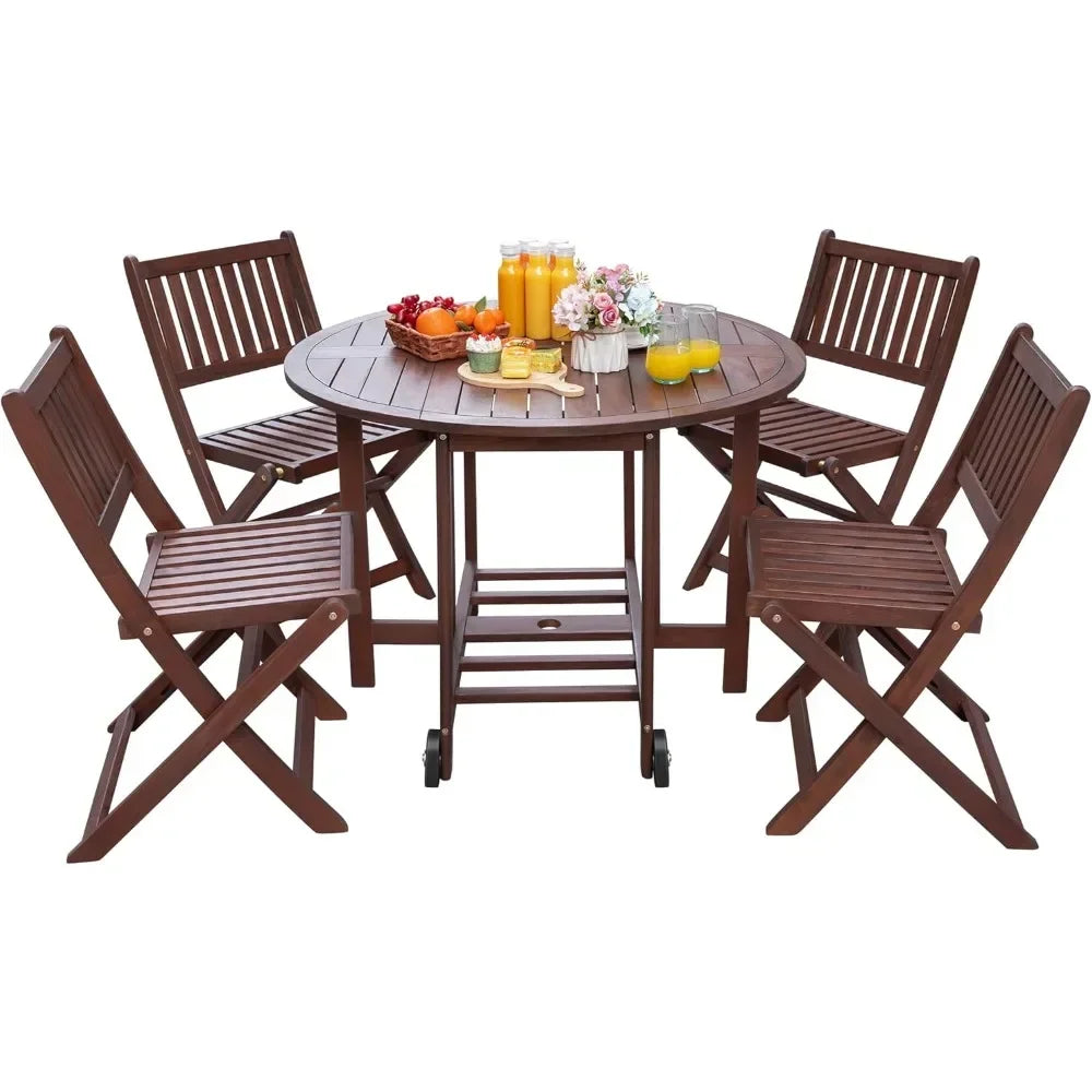 5 Piece Patio Dining Set Outdoor Acacia Wood All Weather Folding Round Table and Chairs for Backyard Balcony Porch