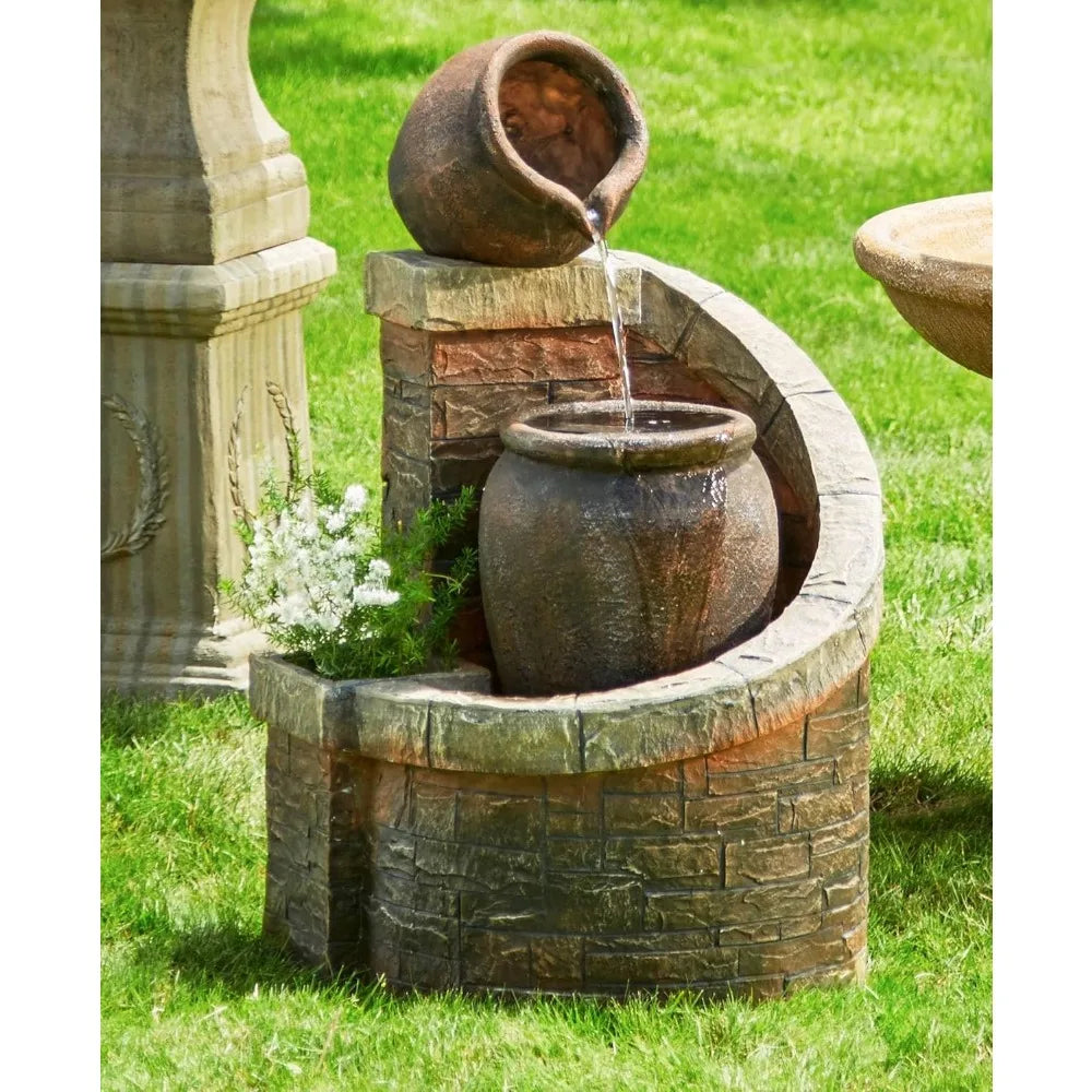 Verona Rustic Outdoor Floor Cascading Water Fountain 35 Inch High with LED Light Planter Box for Garden Patio Backyard Deck Home Lawn