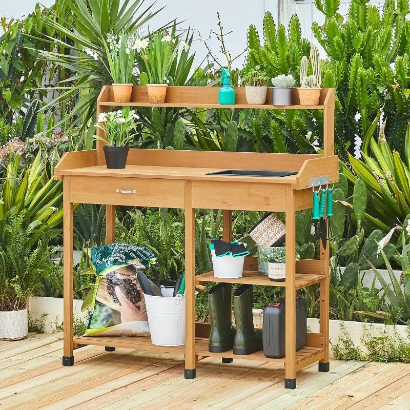Potting Bench Outdoor Garden Work Station Solid Wood Construction with Sink Drawer and Shelves for Horticulture