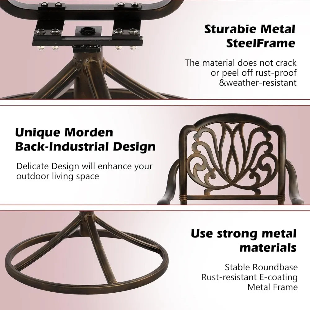 3 Piece Patio Dining Table Set for 2 Cast Aluminum Outdoor Furniture 31 Inch Round Table with Umbrella Hole and 2 Swivel Chairs