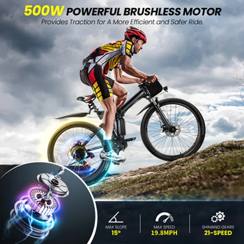26 Inch Folding Electric Bike for Adults with 500 Watt Motor and 48 Volt Removable Battery Up to 50 Miles Range and Cruise Control