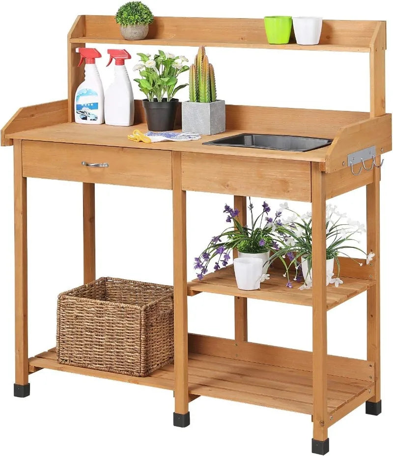 Potting Bench Outdoor Garden Work Station Solid Wood Construction with Sink Drawer and Shelves for Horticulture