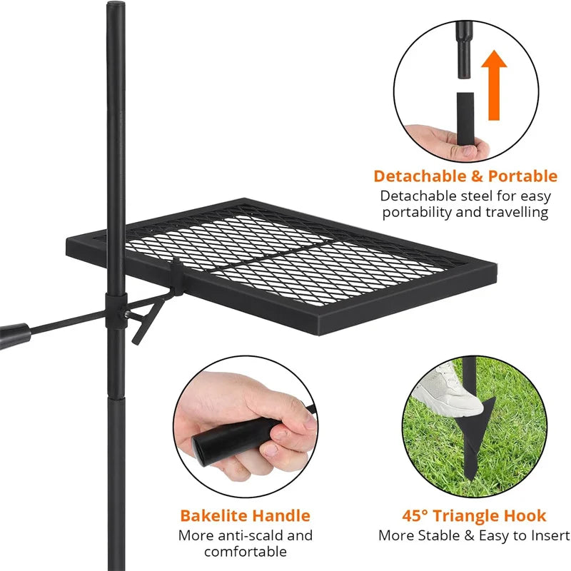 Swivel Campfire Grill Grate Heavy Duty Stainless Steel Portable Camping Essential