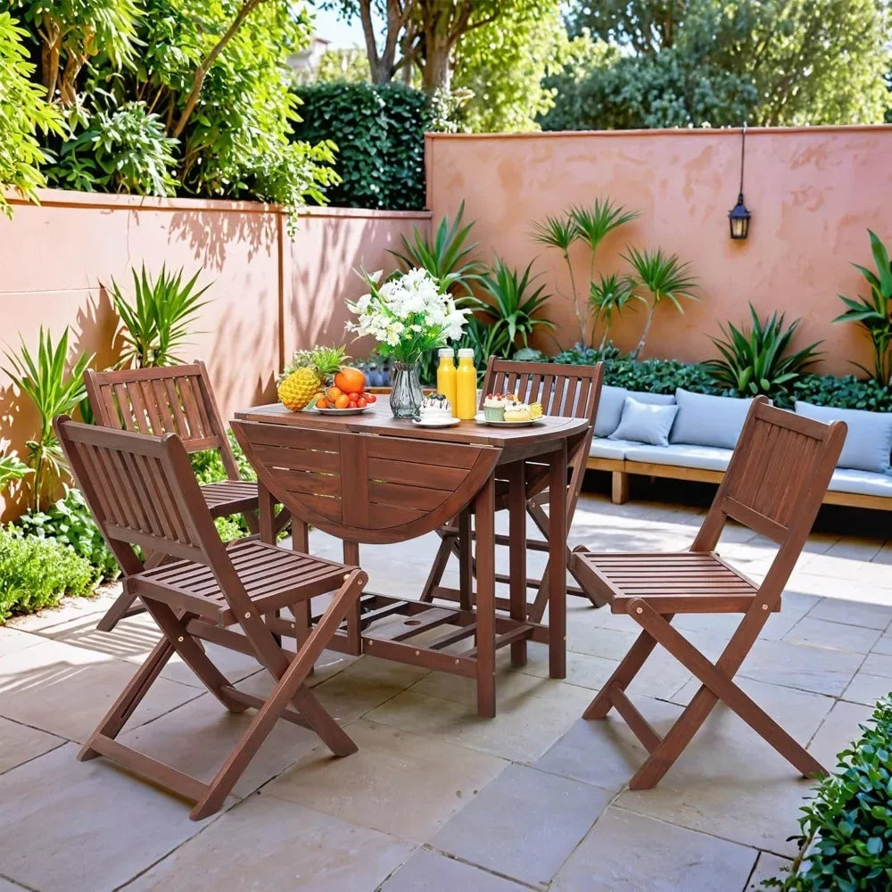 5 Piece Patio Dining Set Outdoor Acacia Wood All Weather Folding Round Table and Chairs for Backyard Balcony Porch
