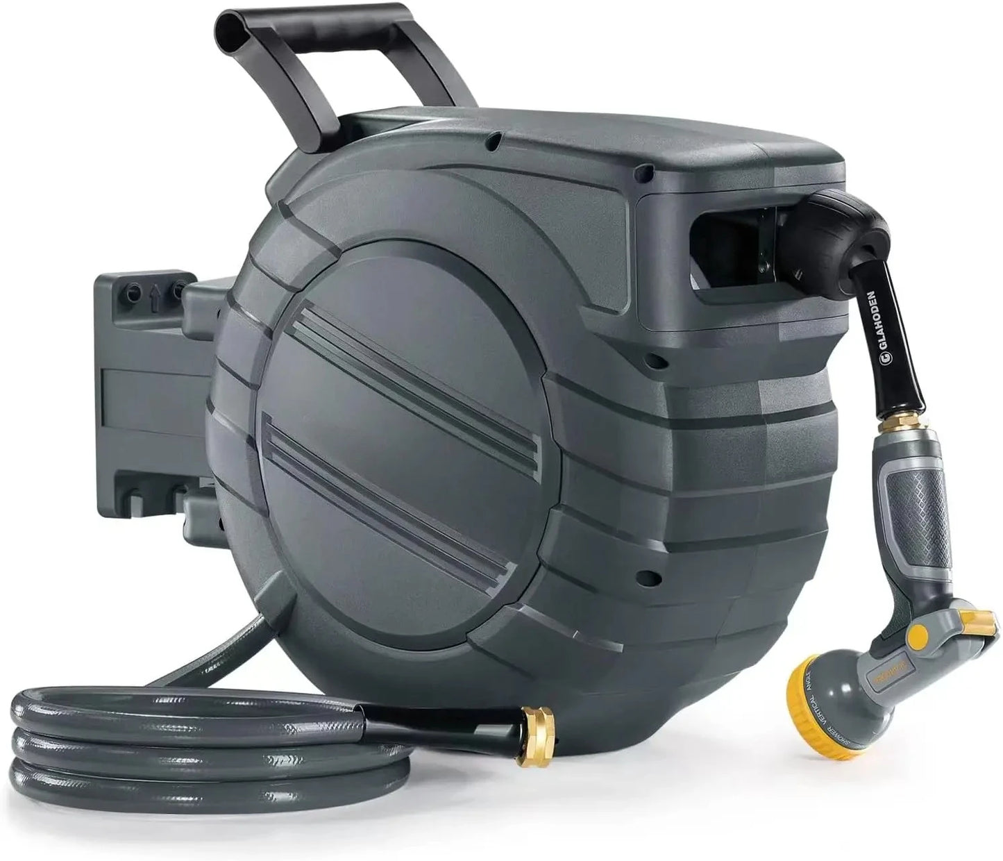 Retractable Garden Hose Reel 5/8 Inch by 90 Feet Dual Ratchet Lock UV and Freeze Protection Brass Seal Slow Retraction Anti Tangle Hose