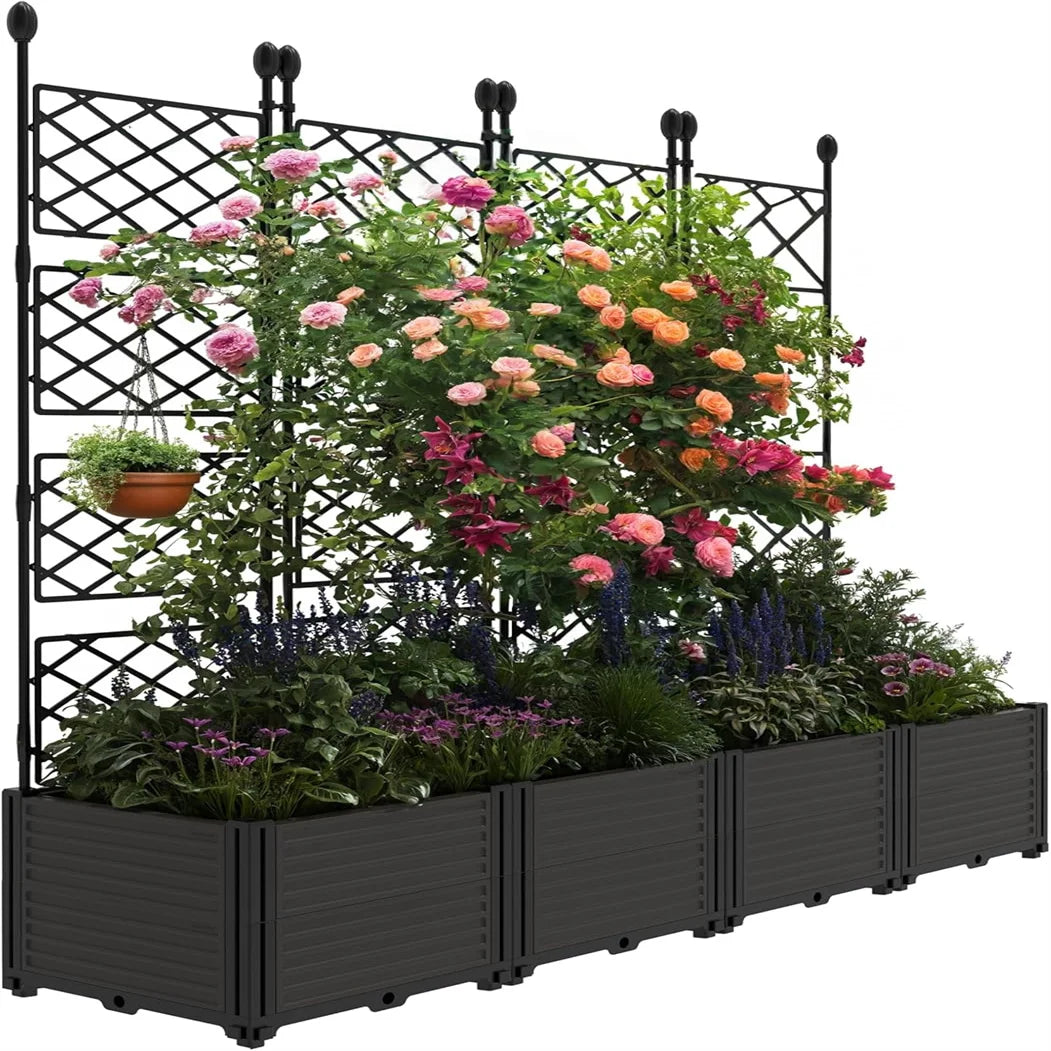 Plastic Plant Box with Metal Trellis Raised Garden Bed Planter for Climbing Plants Outdoor Privacy Screen