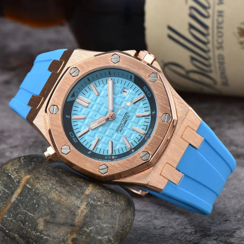 2025 Men's Luxury Quartz Watch Silicone Strap Sapphire Crystal Waterproof 100M Luminous Date Display Business Casual