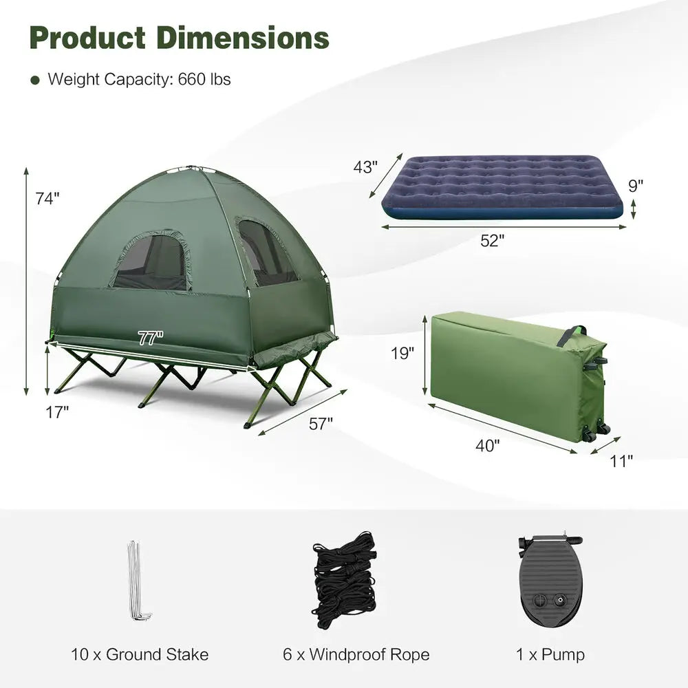 2 Person Compact Portable Tent Camping Cot with Air Mattress and Sleeping Bag