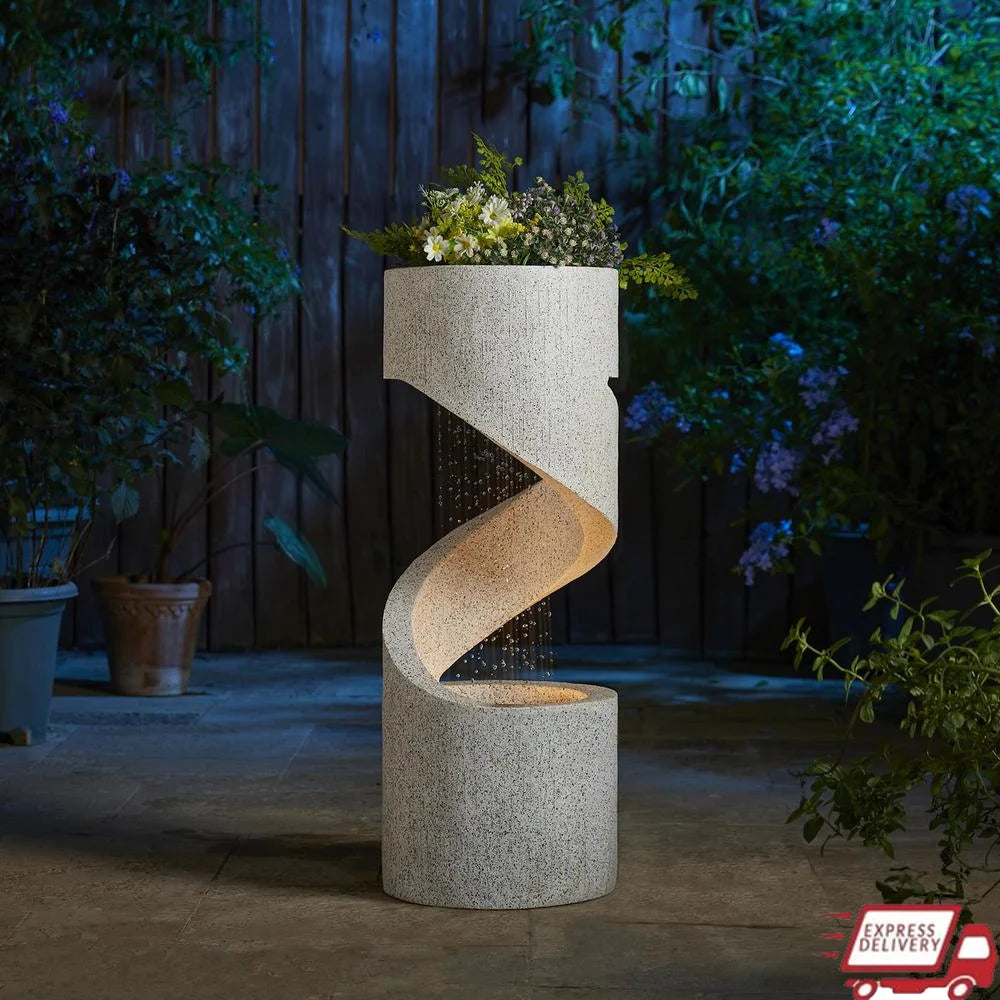 LED Outdoor Water Fountain Decorative Tiered Spiral Curved Waterfall Feature Planter with Relaxing Sound and Durable Resin Garden Accent