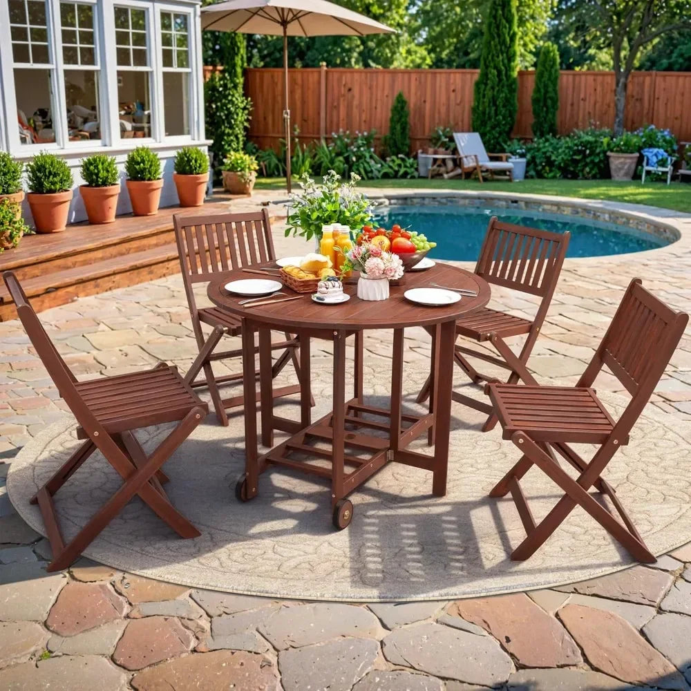 5 Piece Patio Dining Set Outdoor Acacia Wood All Weather Folding Round Table and Chairs for Backyard Balcony Porch