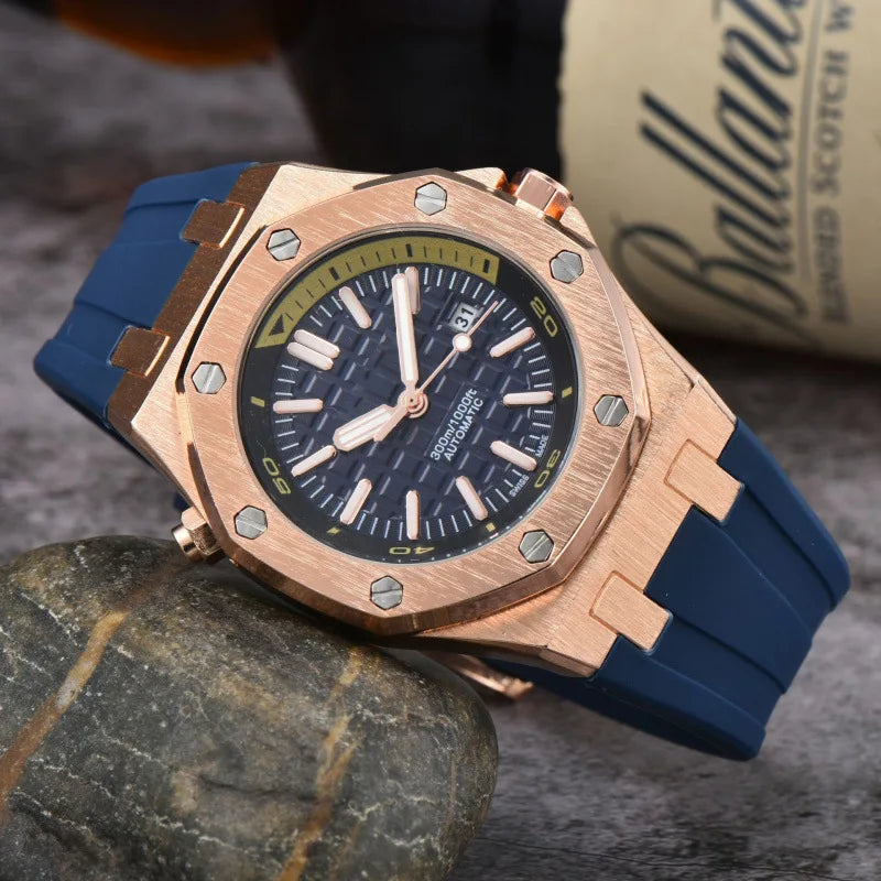 2025 Men's Luxury Quartz Watch Silicone Strap Sapphire Crystal Waterproof 100M Luminous Date Display Business Casual