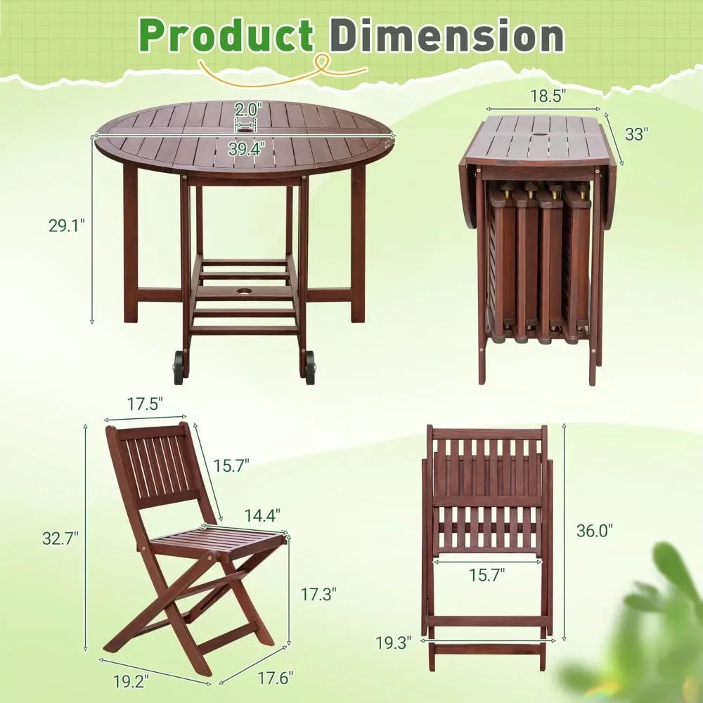 5 Piece Patio Dining Set Outdoor Acacia Wood All Weather Folding Round Table and Chairs for Backyard Balcony Porch