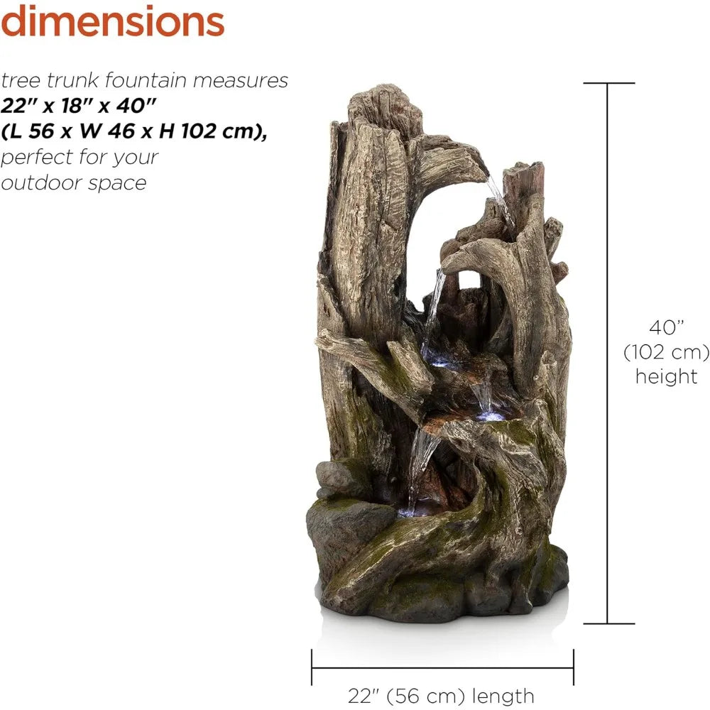 Win786 4 Tier Rainforest Tree Trunk Waterfall Fountain with LED Lights for Outdoor Garden Patio Yard and Porch Decor 40 Inches High