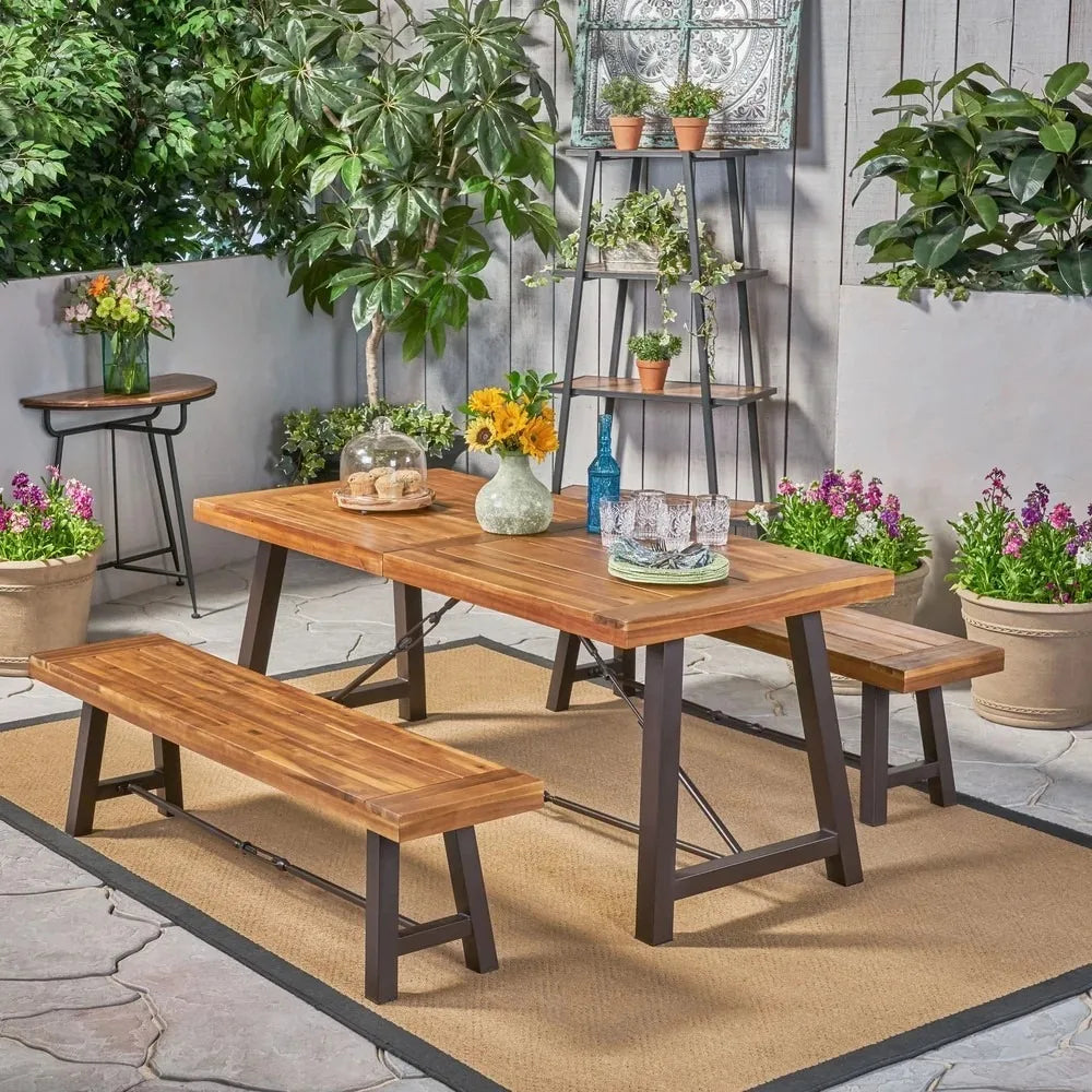 3 Piece Wood Outdoor Furniture Set with Two Benches and One Table
