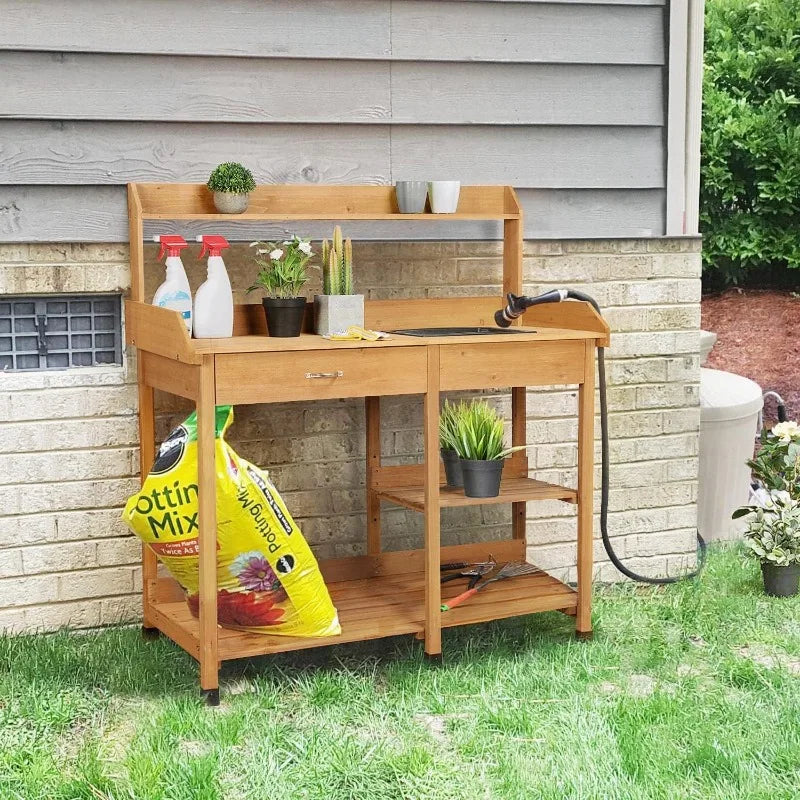 Potting Bench Outdoor Garden Work Station Solid Wood Construction with Sink Drawer and Shelves for Horticulture