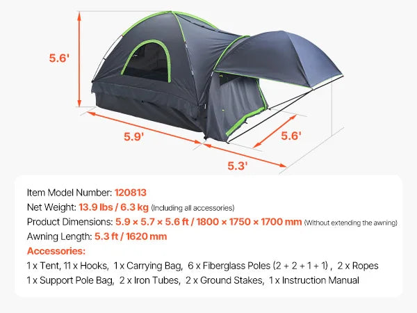 VEVOR Pickup Truck Tent for Camping Waterproof PU2000 2-3 Person Truck Bed Tent with Expandable Awning