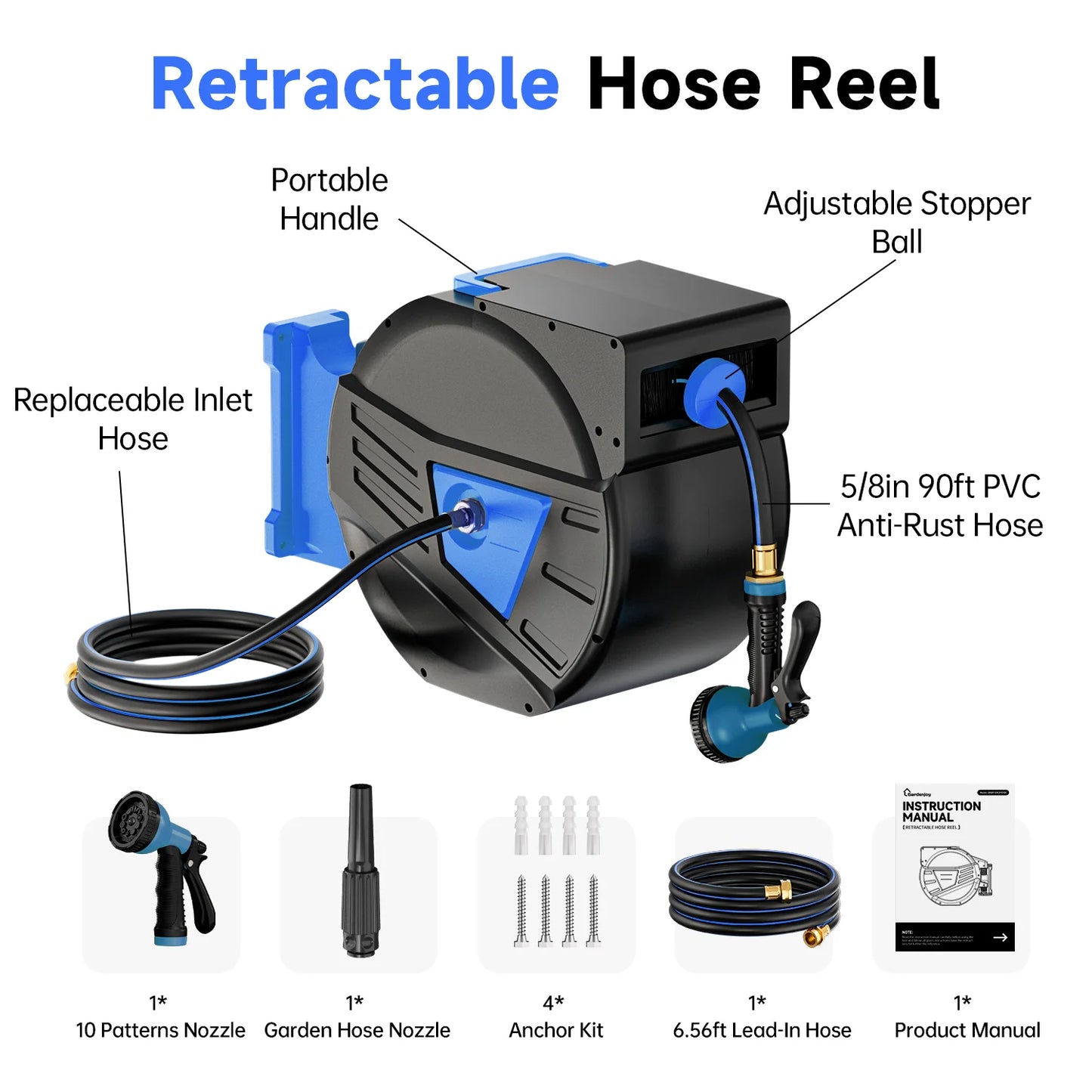 GardenJoy Retractable Garden Hose Reel 5/8in 90ft Tools