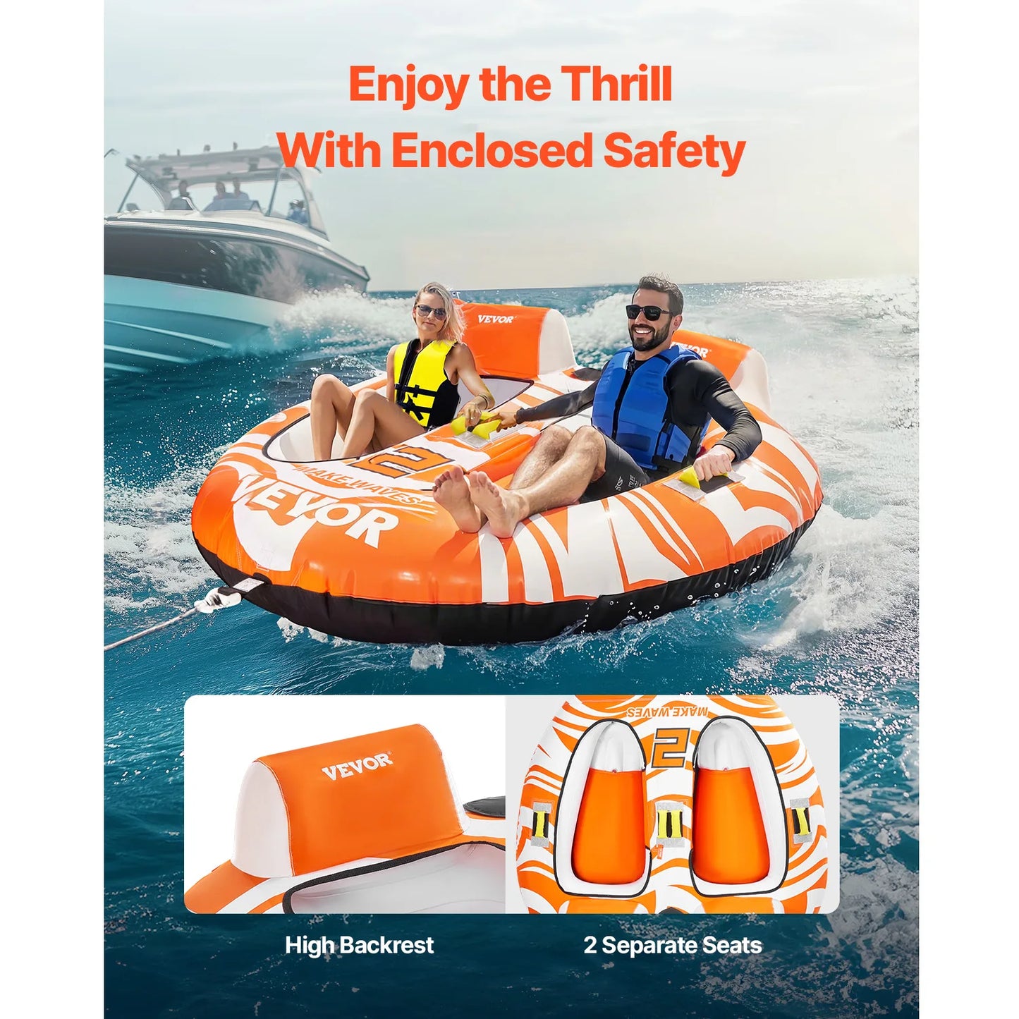 VEVOR Towable Tubes for Boating 2 Person Inflatable Boat Tubes 340 Pounds Water Sport Tubes with 840D Full Nylon
