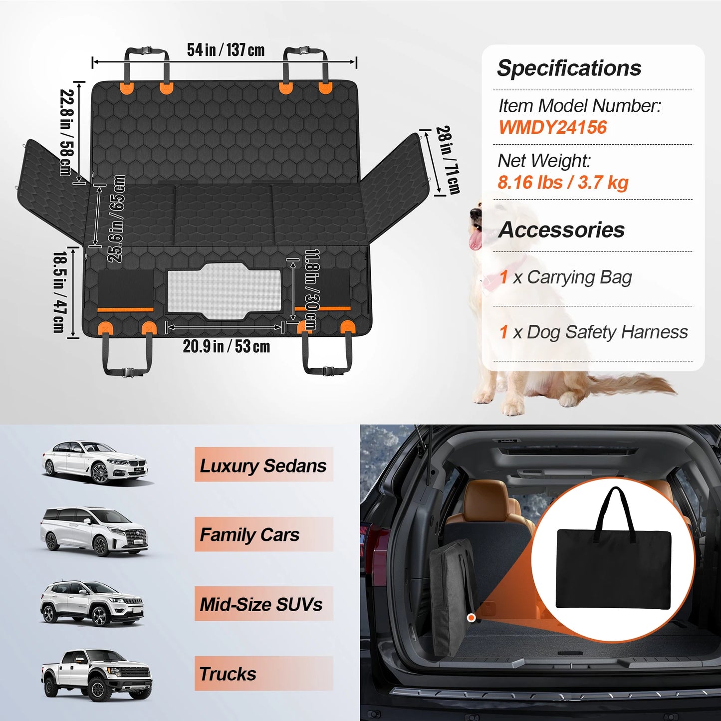 VEVOR Back Seat Extender Dog Car Seat Cover for Back Seat Bed with Mesh Window and Storage Pocket Supports 350lbs Dog Hammock - Get Outside Today 25