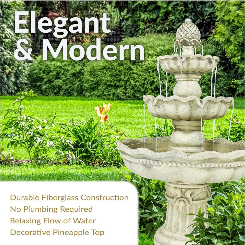 51 Inch Electric Water Fountain Outdoor Water Feature 3 Tier Fountain with Pineapple Top White