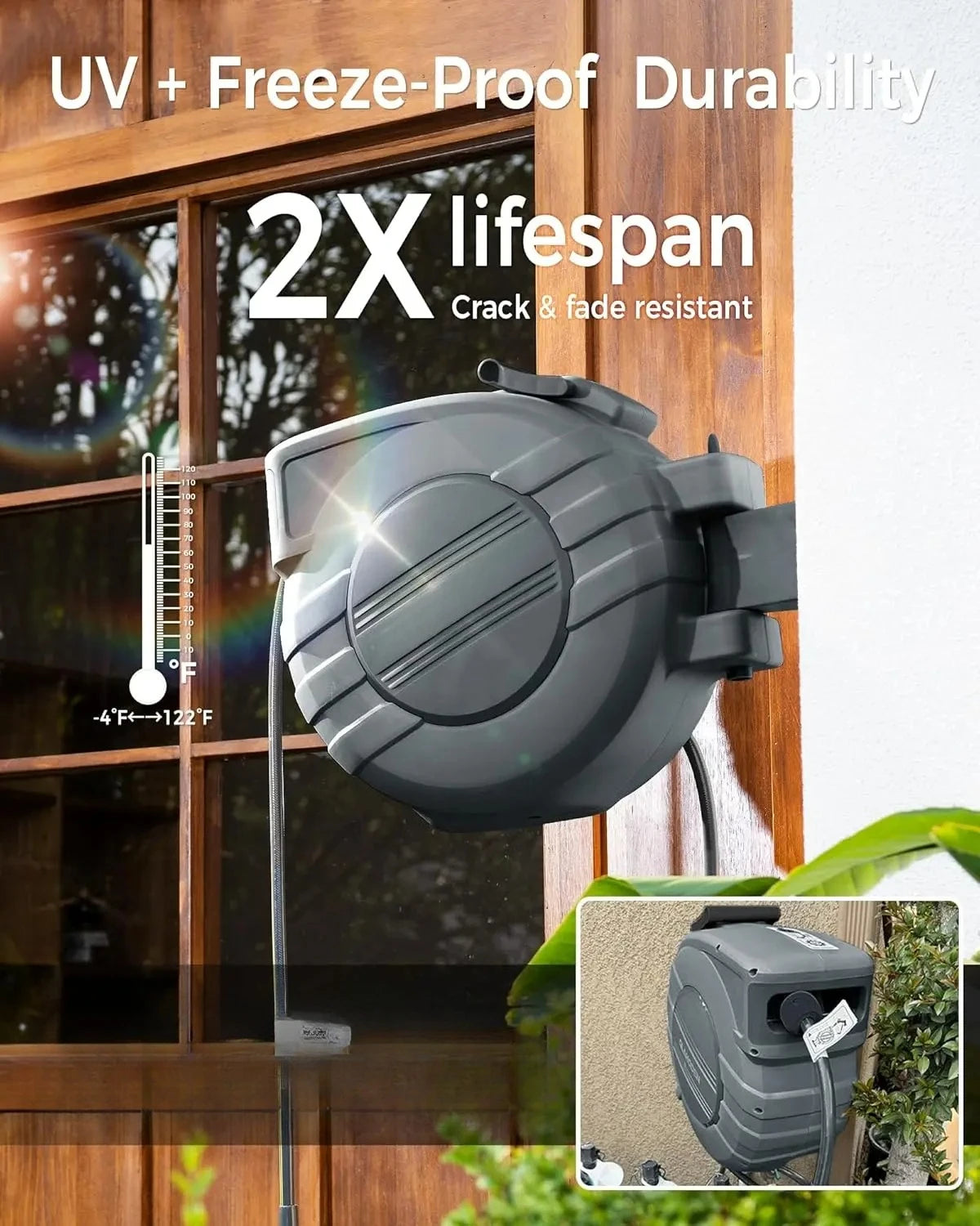 Retractable Garden Hose Reel 5/8 Inch by 90 Feet Dual Ratchet Lock UV and Freeze Protection Brass Seal Slow Retraction Anti Tangle Hose