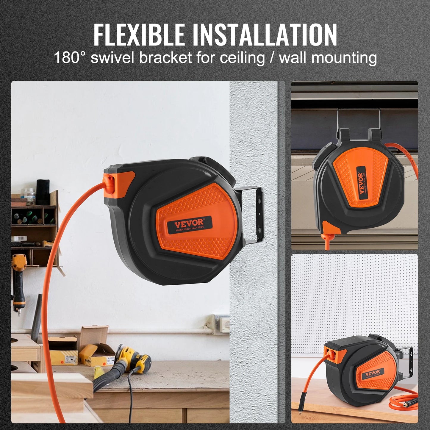 VEVOR 50FT Retractable Air Hose Reel Wall Mounted PVC Hose Automatic Rewinding Swivel Line Compressor for Automobile Maintenance