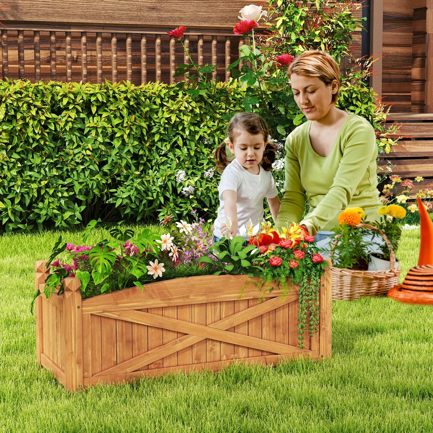 Wooden Raised Garden Bed Elevated Outdoor Planter Box with Drainage Holes for Patio and Balcony