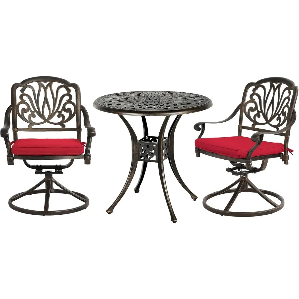 3 Piece Patio Dining Table Set for 2 Cast Aluminum Outdoor Furniture 31 Inch Round Table with Umbrella Hole and 2 Swivel Chairs