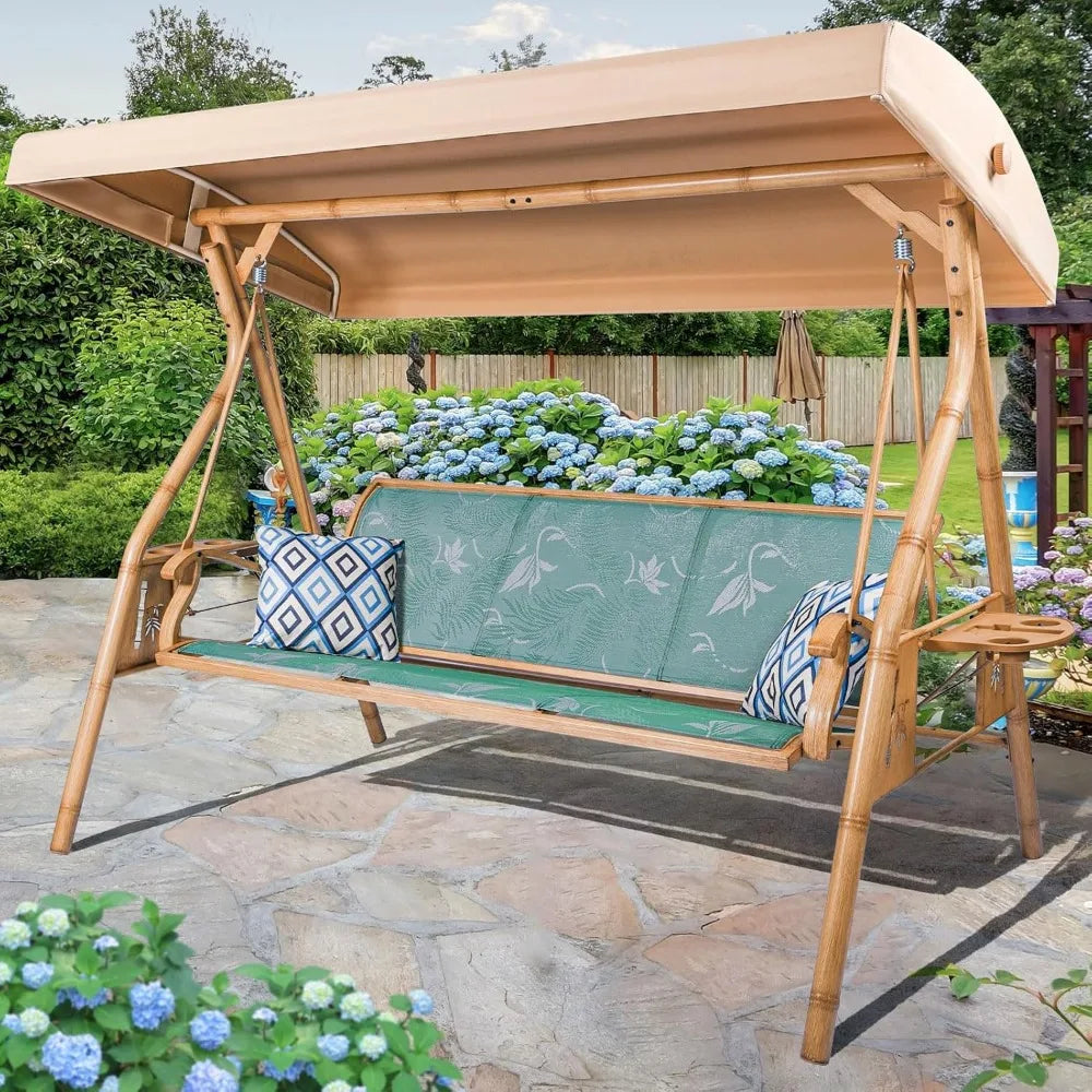 3 Person Patio Swing Outdoor Swing for Adults with Adjustable Canopy and Upgraded Cup Holders Textilene Fabric Porch Swing Chair