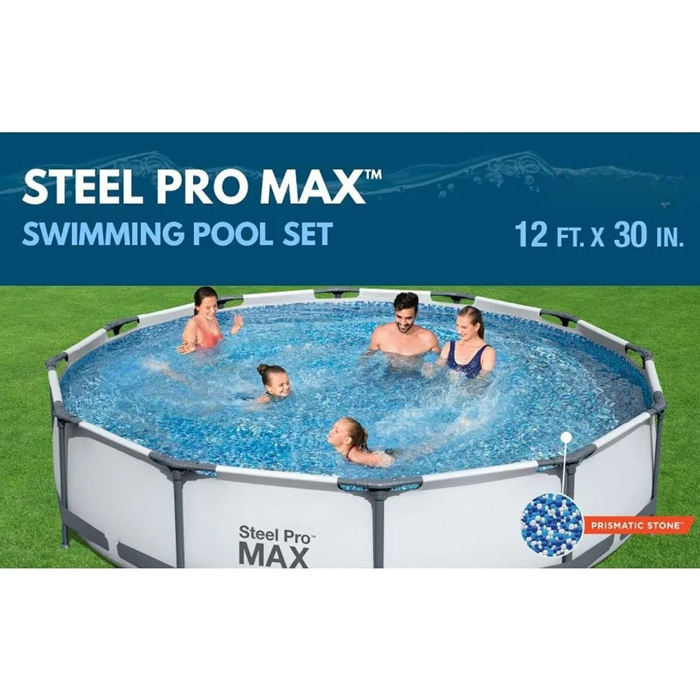 Steel Pro MAX 12 Foot x 30 Inch Round Metal Frame Above Ground Swimming Pool Set with 330 GPH Filter Pump
