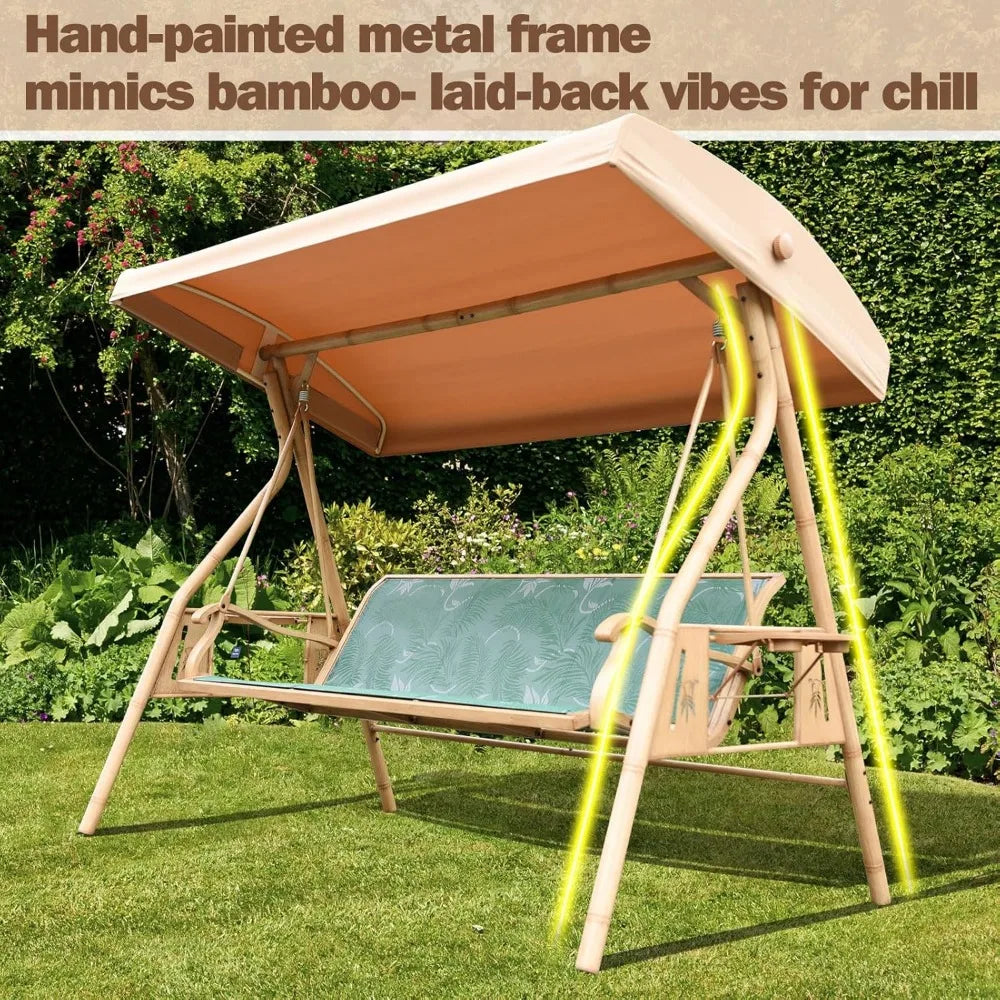 3 Person Patio Swing Outdoor Swing for Adults with Adjustable Canopy and Upgraded Cup Holders Textilene Fabric Porch Swing Chair