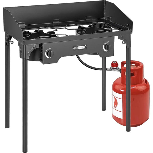 Dual Burner Propane Stove Outdoor Camping With Windshield