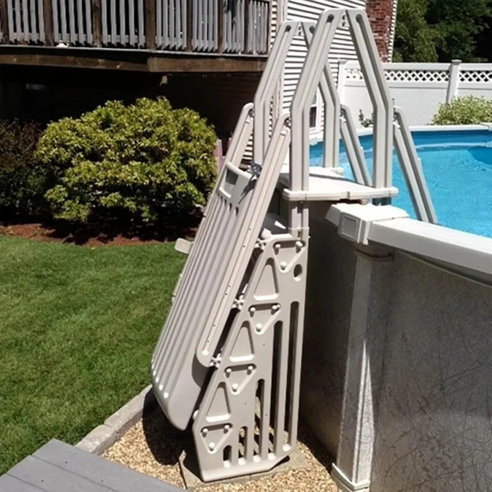 24 Inch Double Pool Step Ladder with Gate Adjustable Stair Entry System with Handrails for Above Ground Swimming Pools Taupe