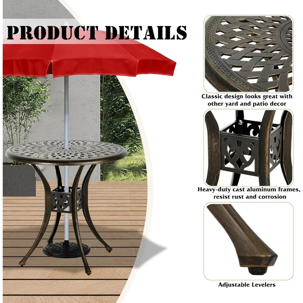 3 Piece Patio Dining Table Set for 2 Cast Aluminum Outdoor Furniture 31 Inch Round Table with Umbrella Hole and 2 Swivel Chairs
