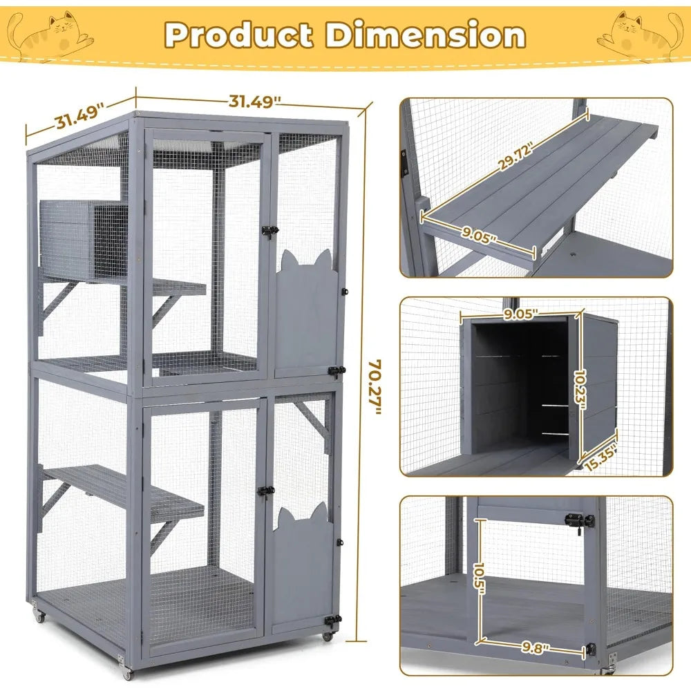 Grey Outdoor Cat Enclosure With Wheels Window Access