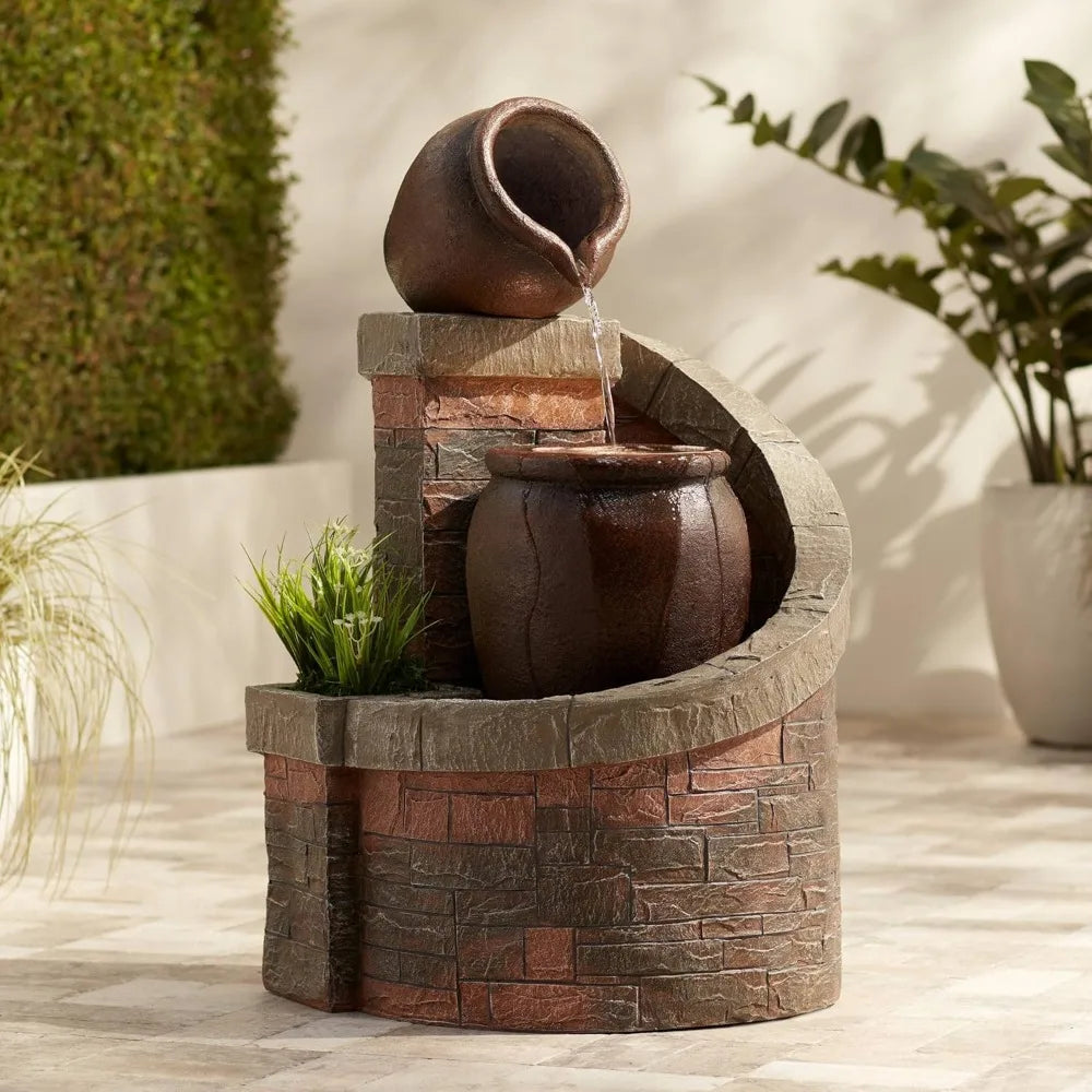 Verona Rustic Outdoor Floor Cascading Water Fountain 35 Inch High with LED Light Planter Box for Garden Patio Backyard Deck Home Lawn